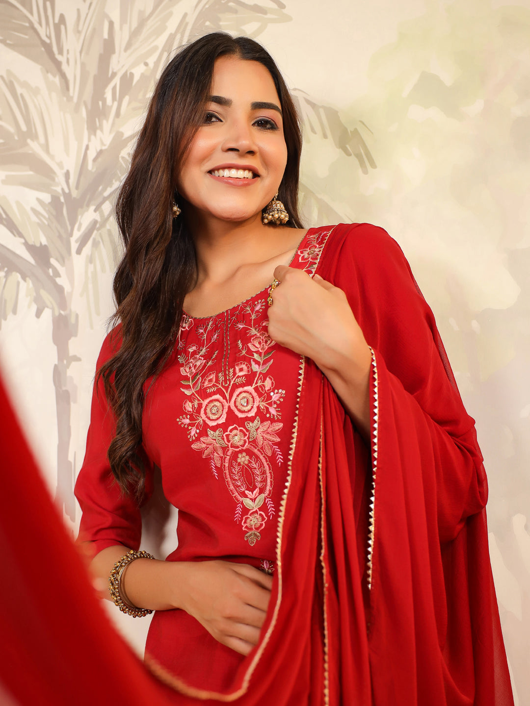 Maroon Chanderi Silk Embroidered Straight Kurta Set