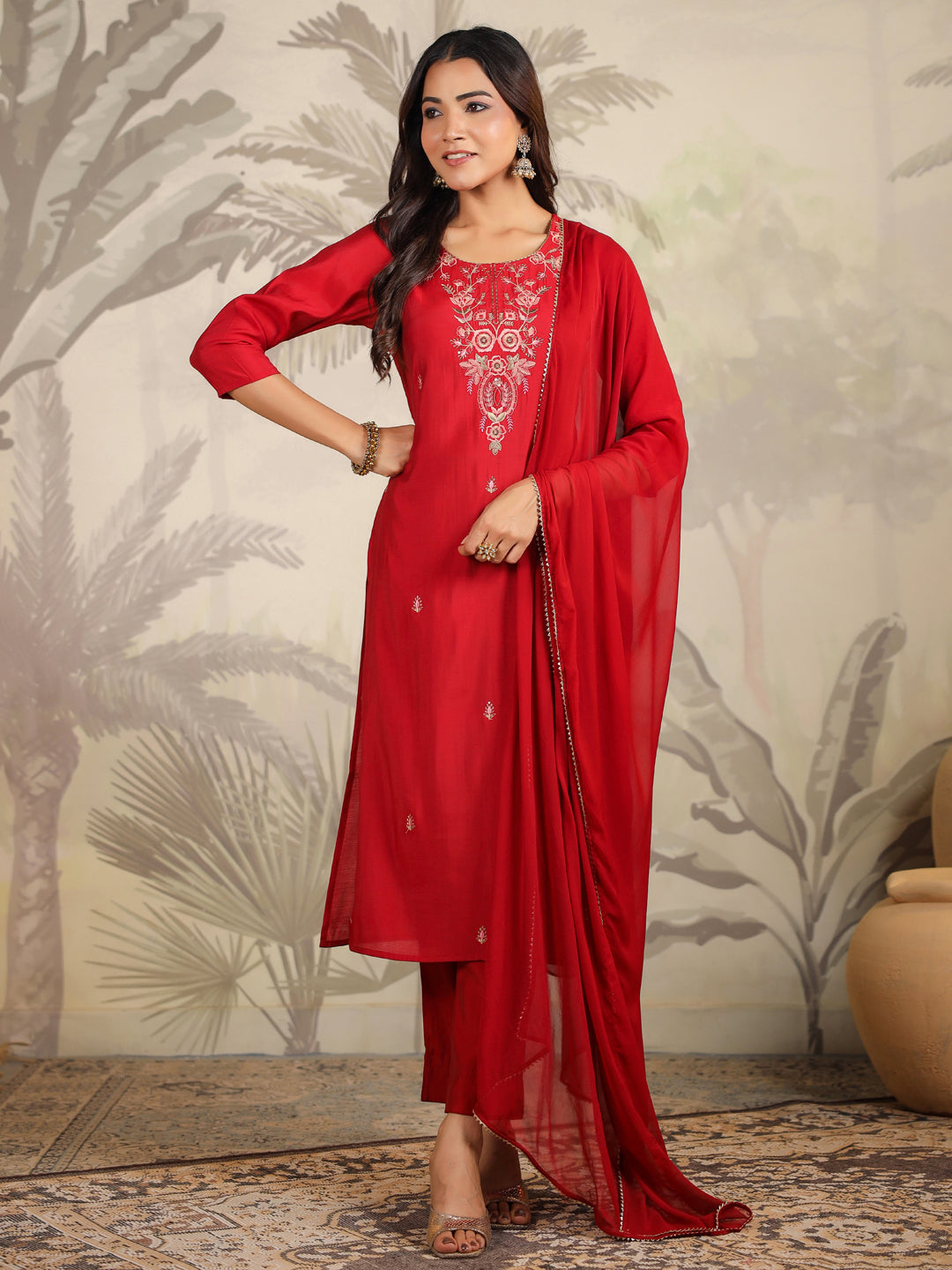 Maroon Chanderi Silk Embroidered Straight Kurta Set