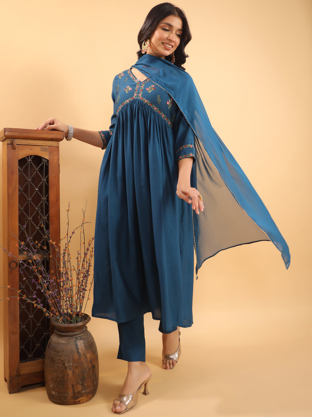 Teal Blue Silk Blend Yoke Embroidered A-Line Kurta Set