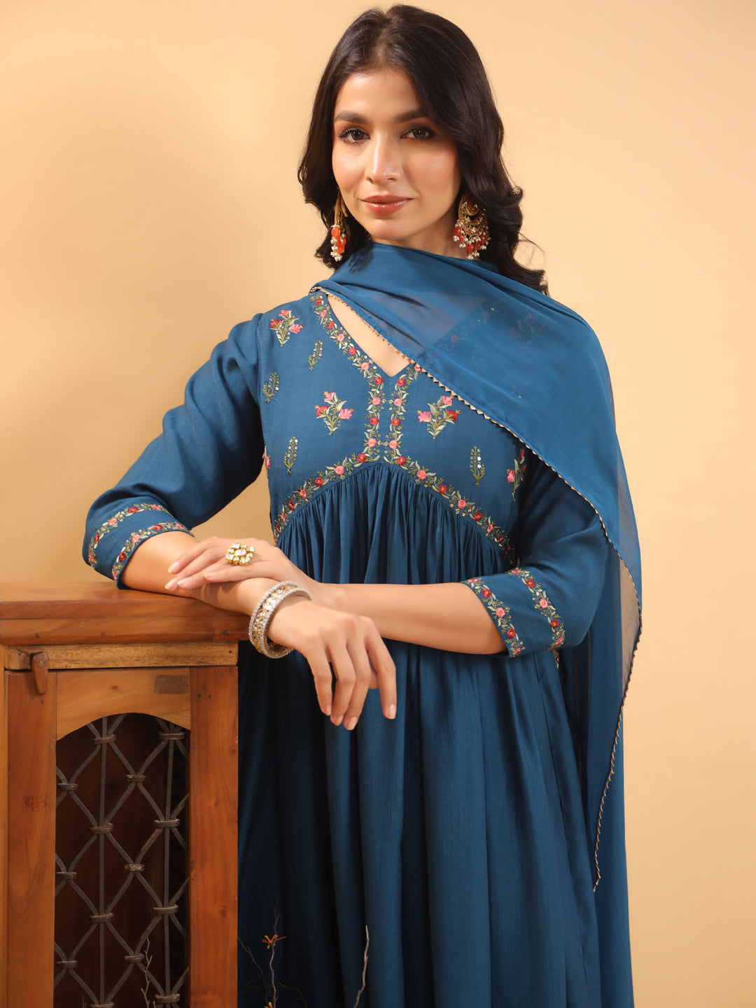 Teal Blue Silk Blend Yoke Embroidered A-Line Kurta Set