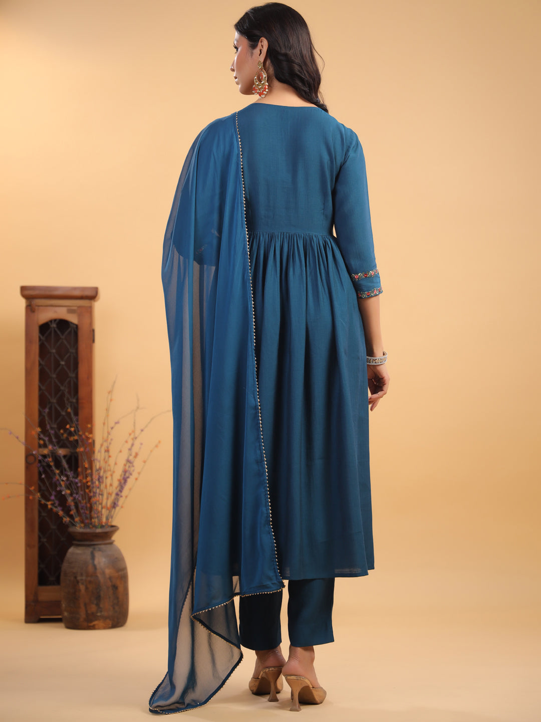 Teal Blue Silk Blend Yoke Embroidered A-Line Kurta Set