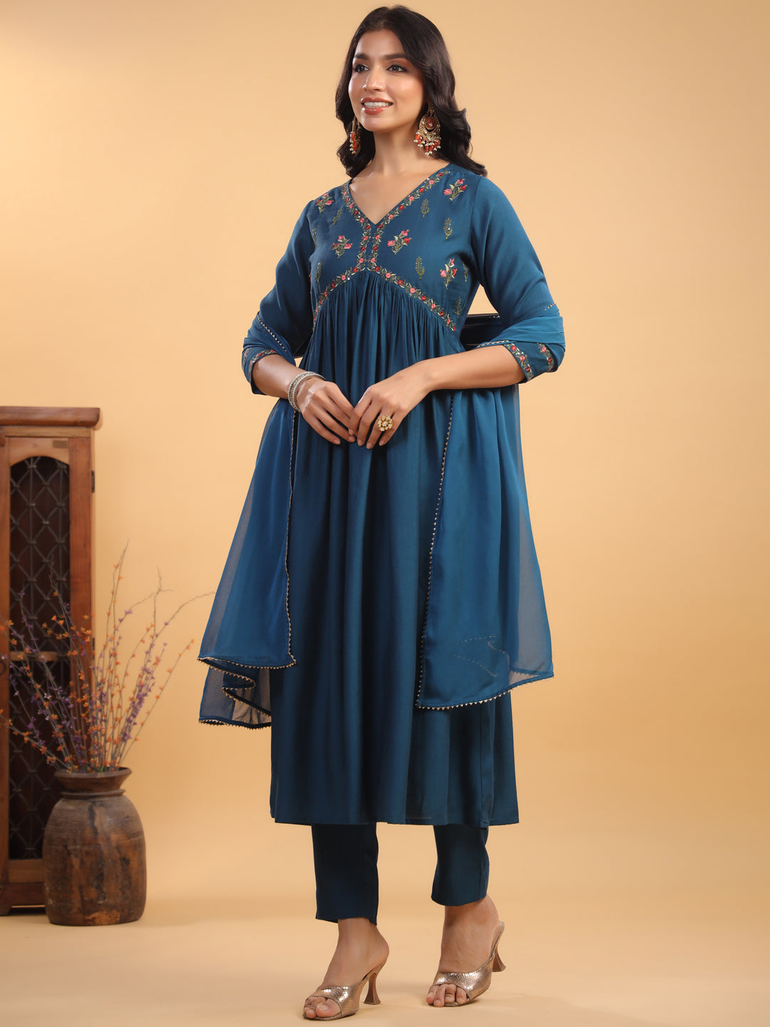 Teal Blue Silk Blend Yoke Embroidered A-Line Kurta Set