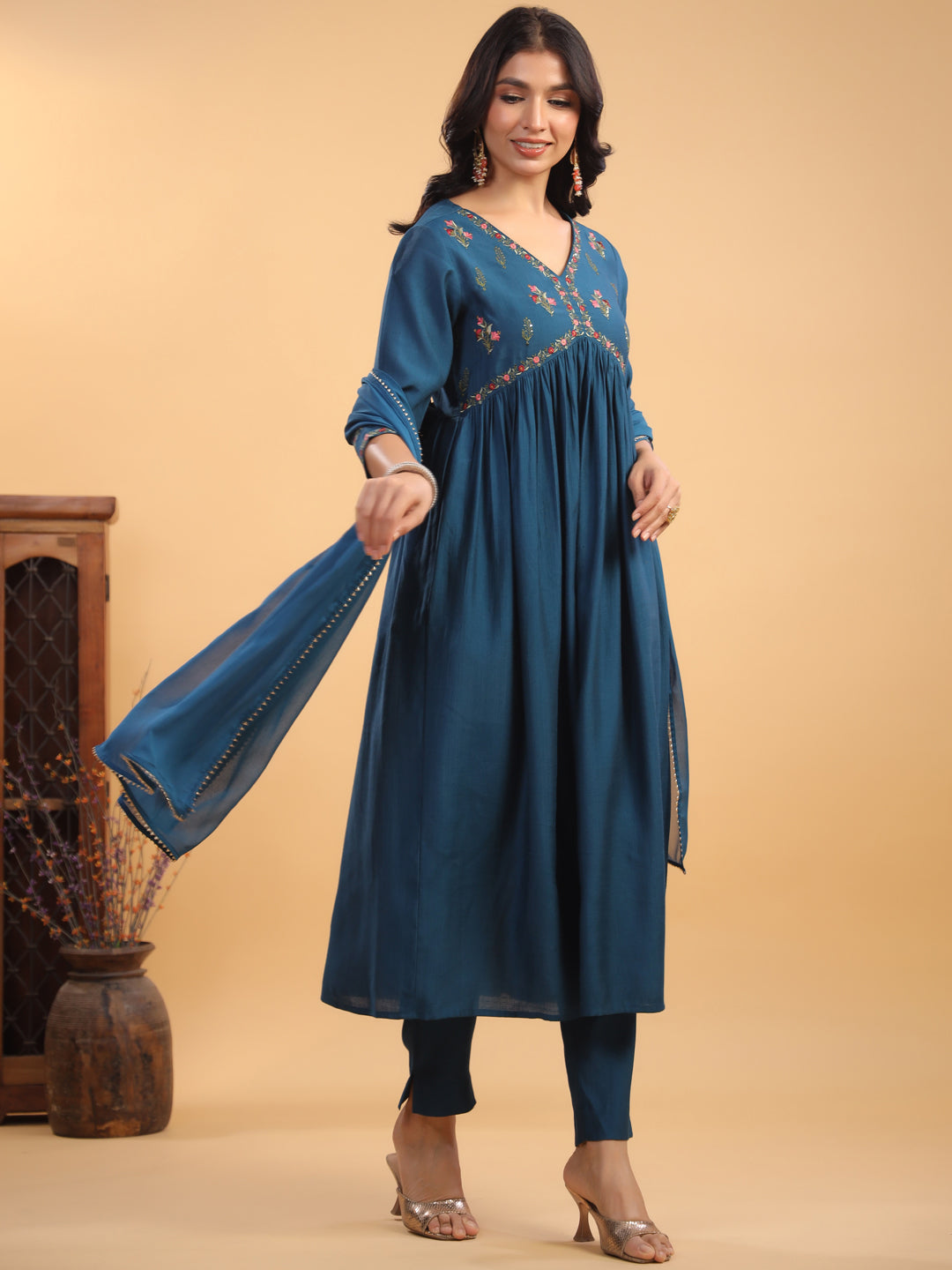 Teal Blue Silk Blend Yoke Embroidered A-Line Kurta Set