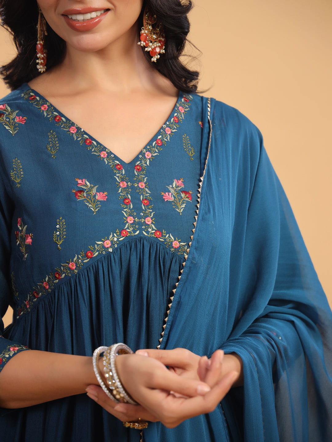 Teal Blue Silk Blend Yoke Embroidered A-Line Kurta Set