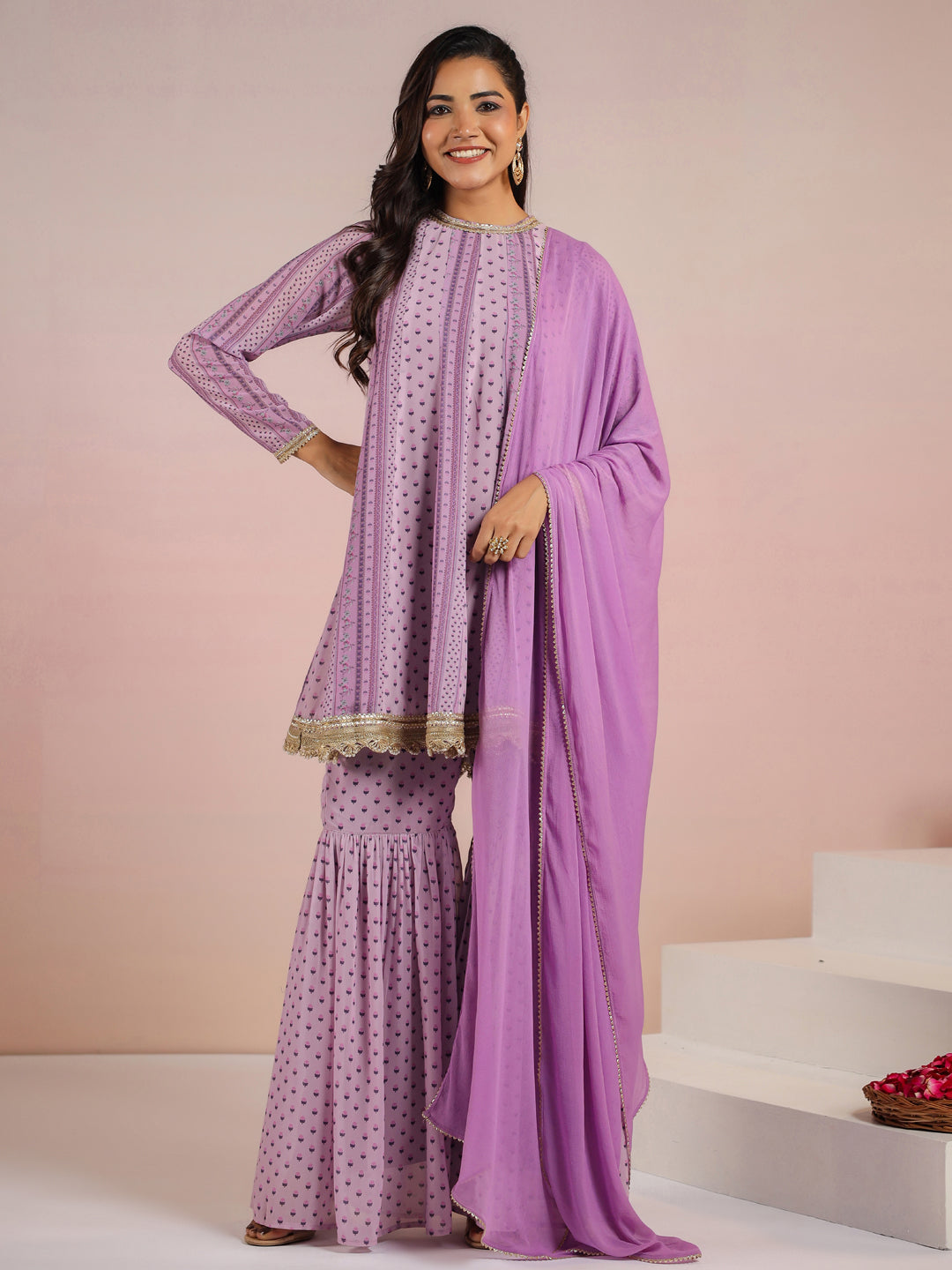 Lavender Georgette Digital Floral Printed Flared Kurta with Sharara & Dupatta Set