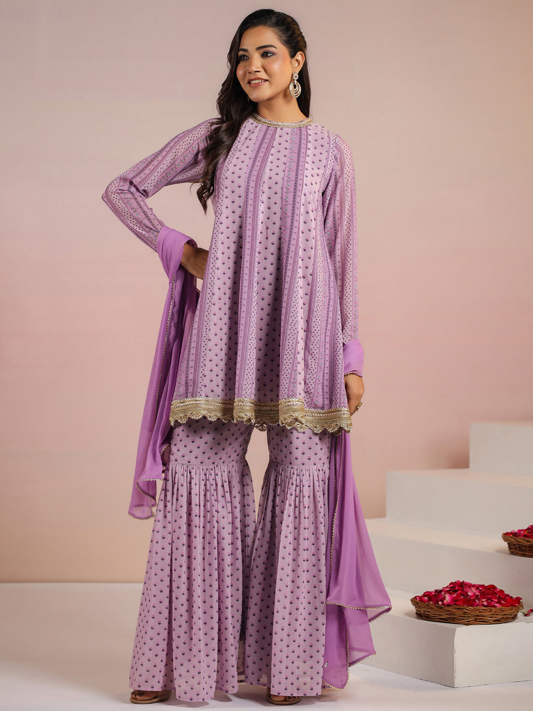 Lavender Georgette Digital Floral Printed Flared Kurta with Sharara & Dupatta Set