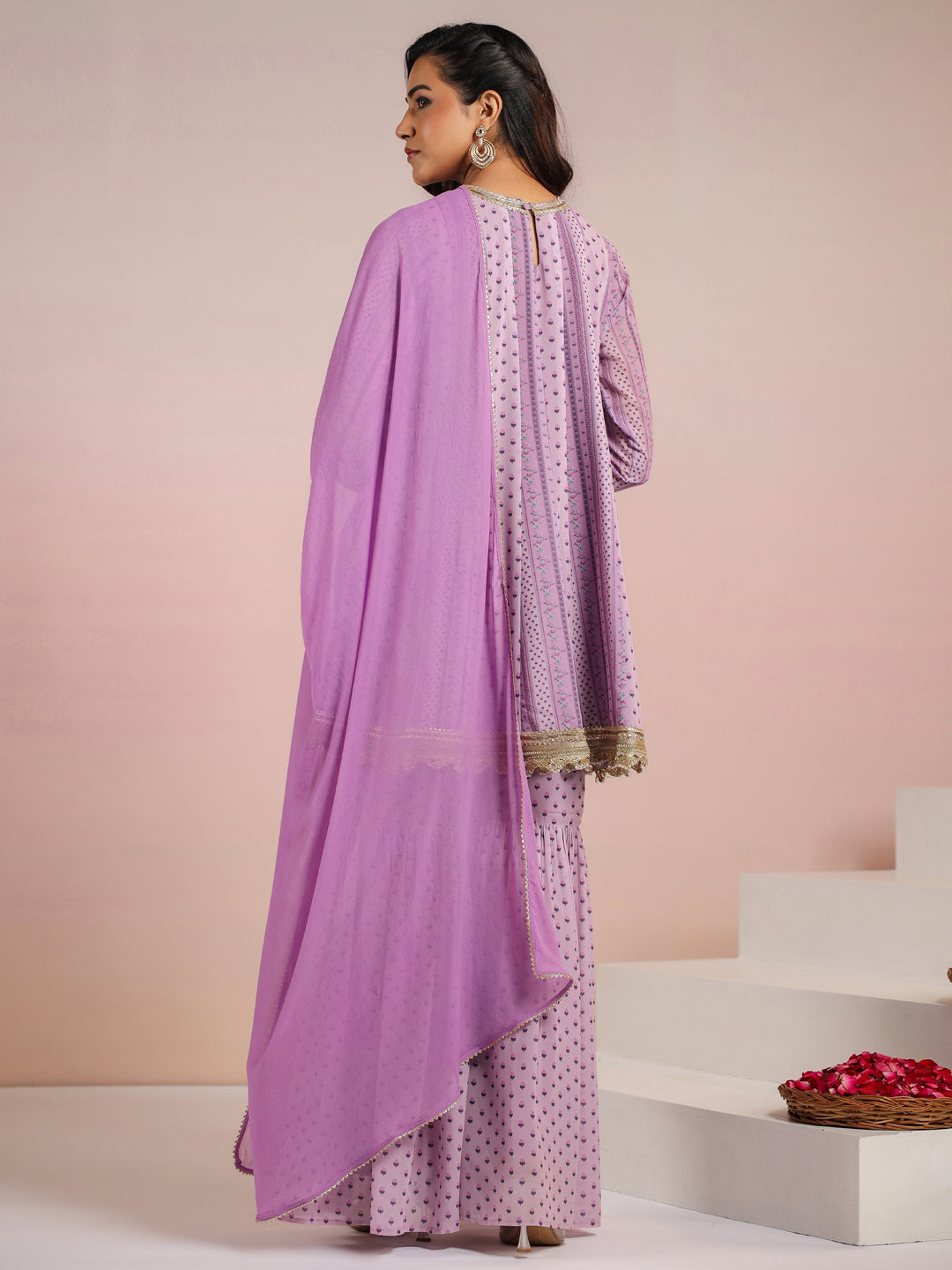 Lavender Georgette Digital Floral Printed Flared Kurta with Sharara & Dupatta Set