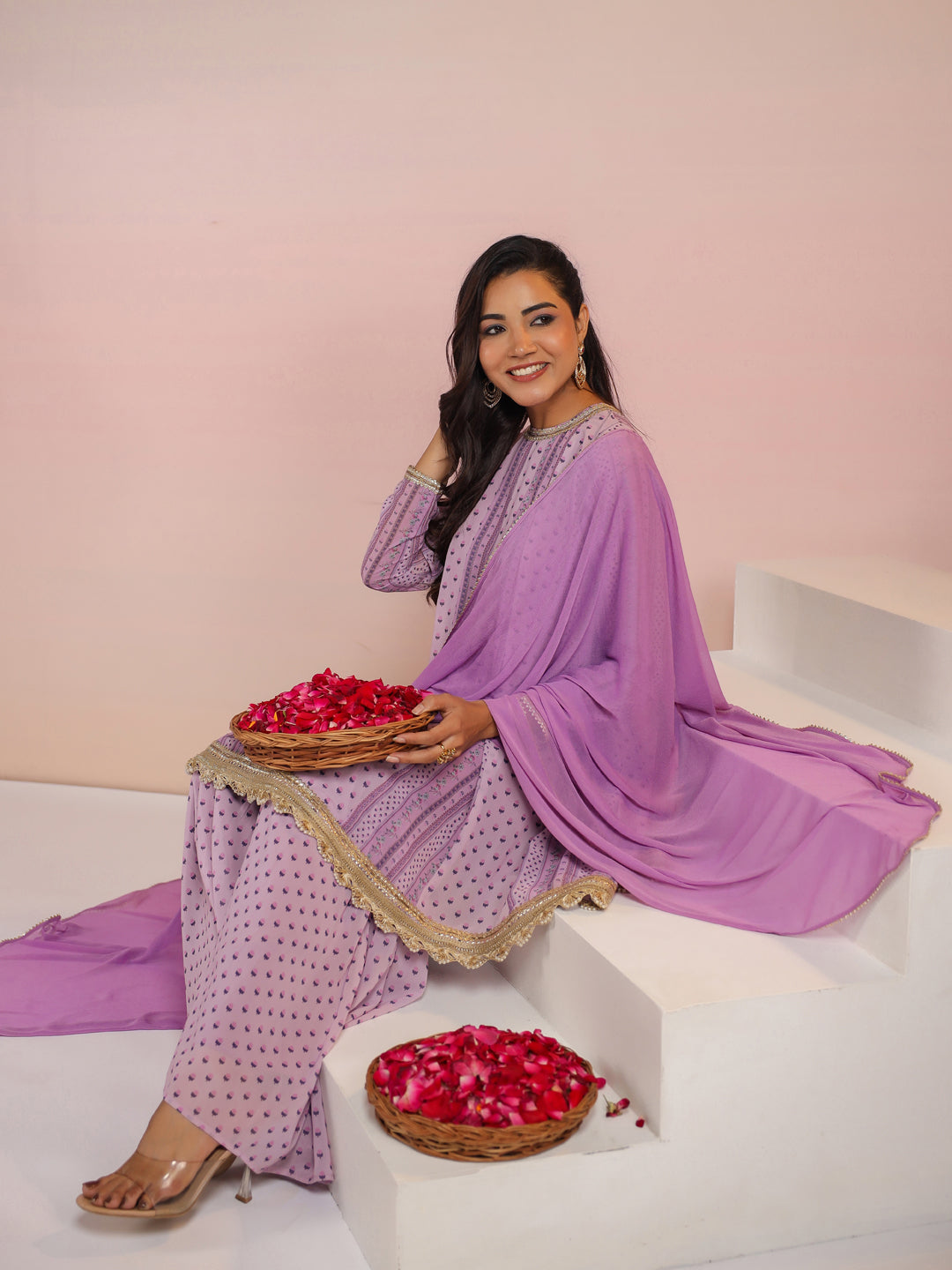 Lavender Georgette Digital Floral Printed Flared Kurta with Sharara & Dupatta Set