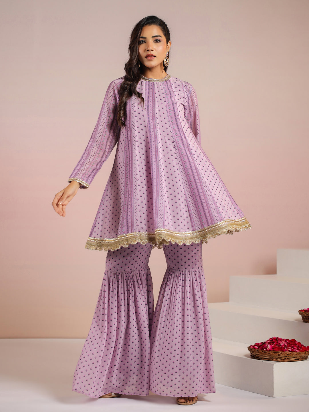 Lavender Georgette Digital Floral Printed Flared Kurta with Sharara & Dupatta Set