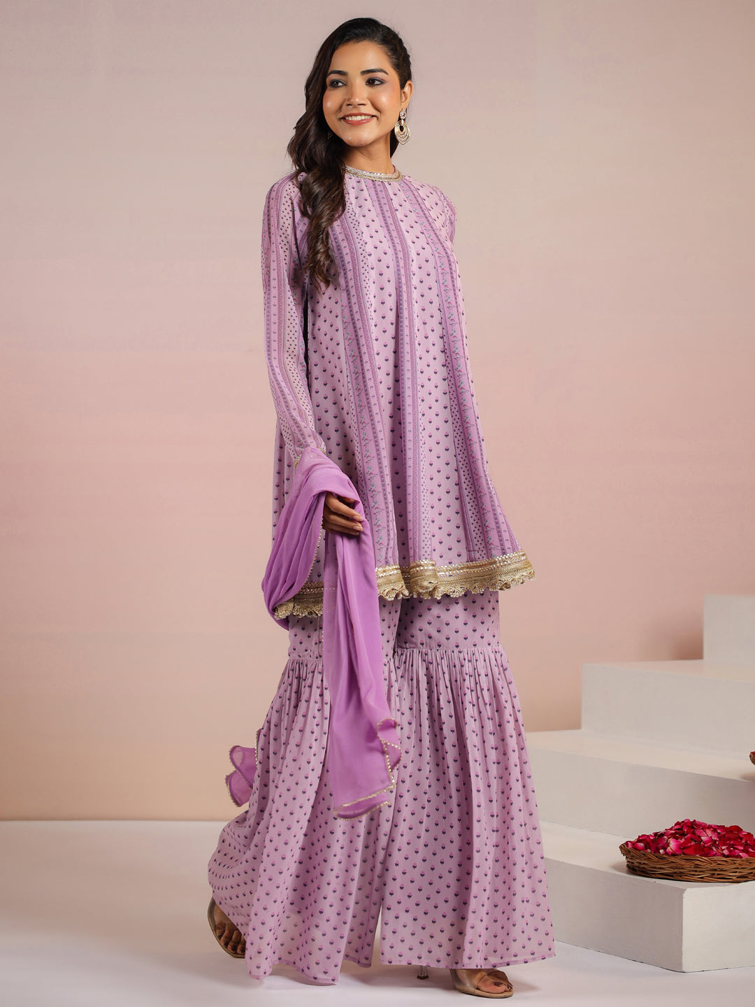 Lavender Georgette Digital Floral Printed Flared Kurta with Sharara & Dupatta Set