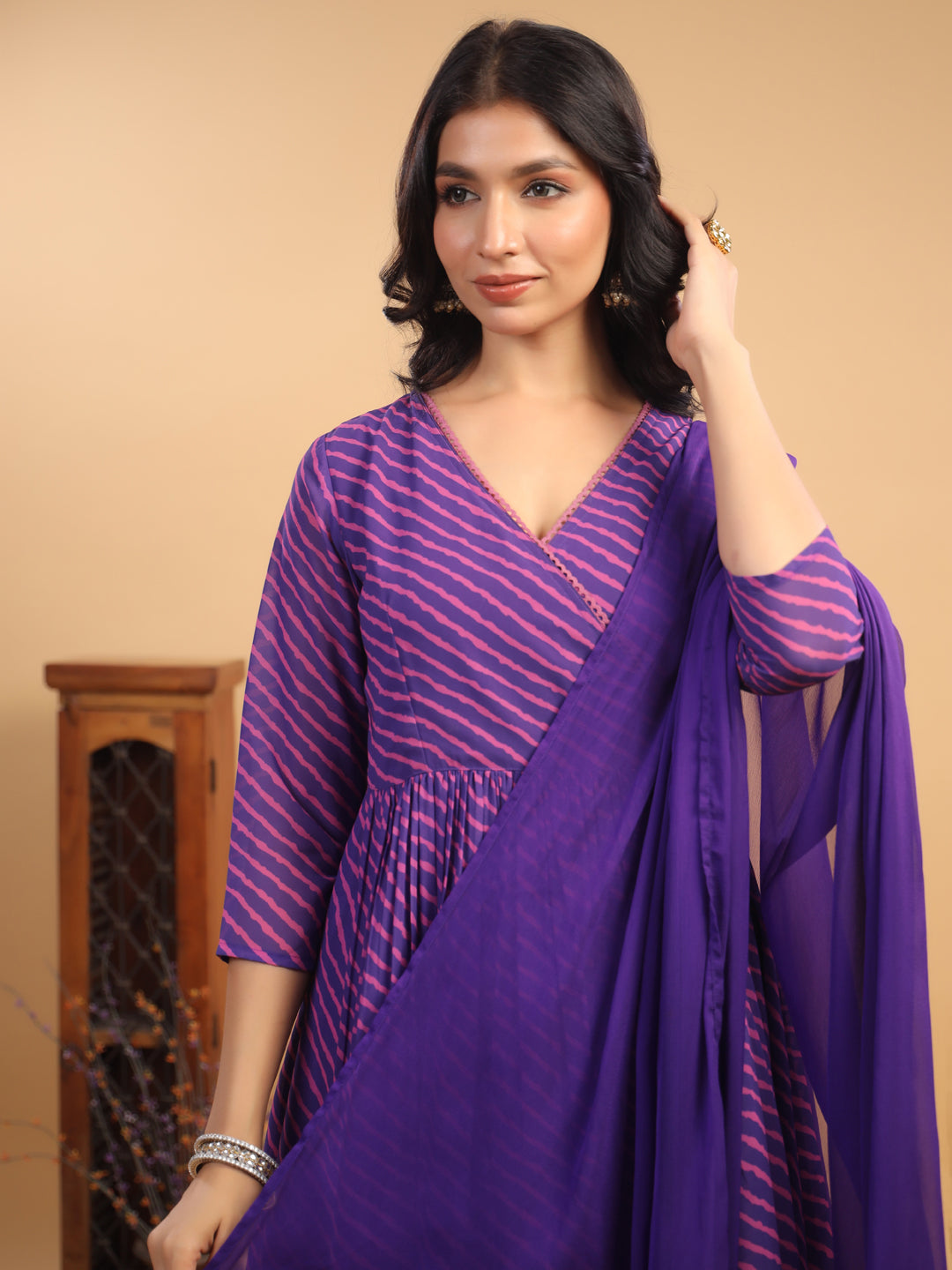 Purple Georgette Striped Angrakha Kurta Set