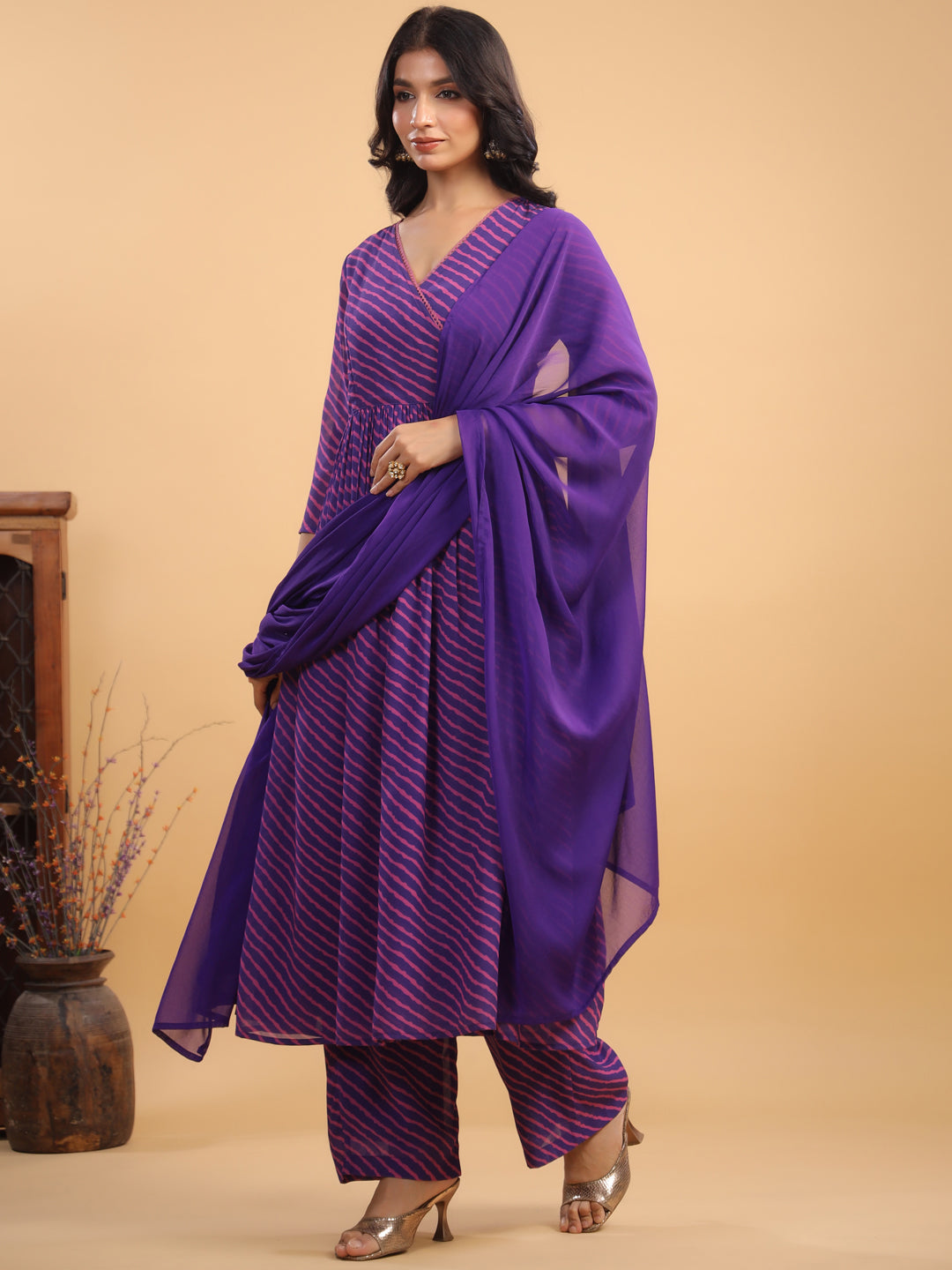 Purple Georgette Striped Angrakha Kurta Set