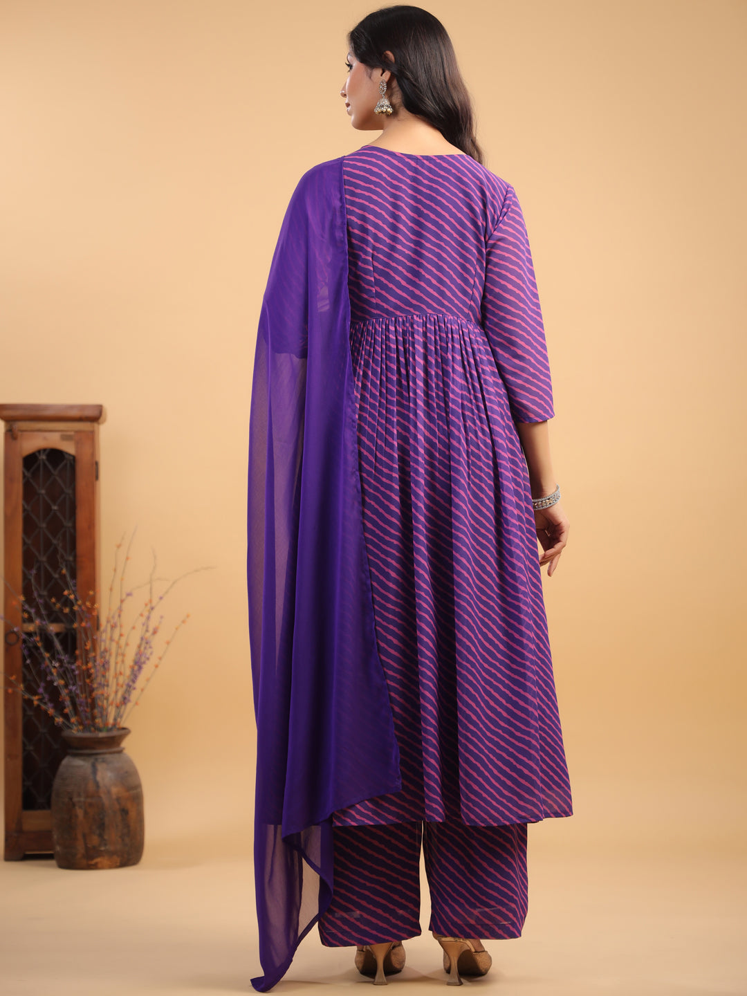 Purple Georgette Striped Angrakha Kurta Set