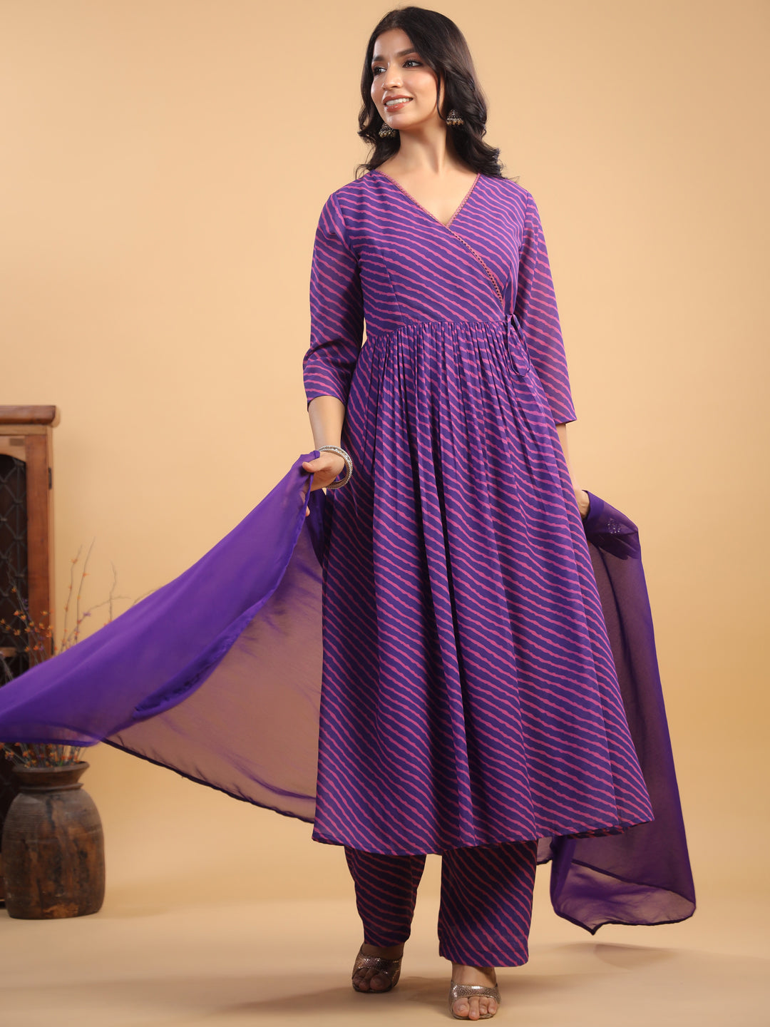 Purple Georgette Striped Angrakha Kurta Set