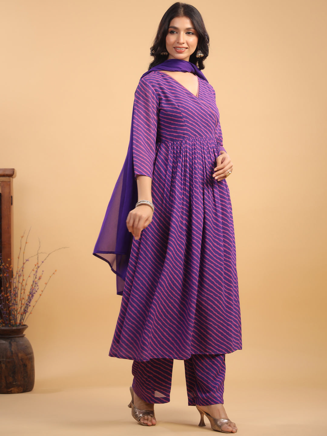 Purple Georgette Striped Angrakha Kurta Set