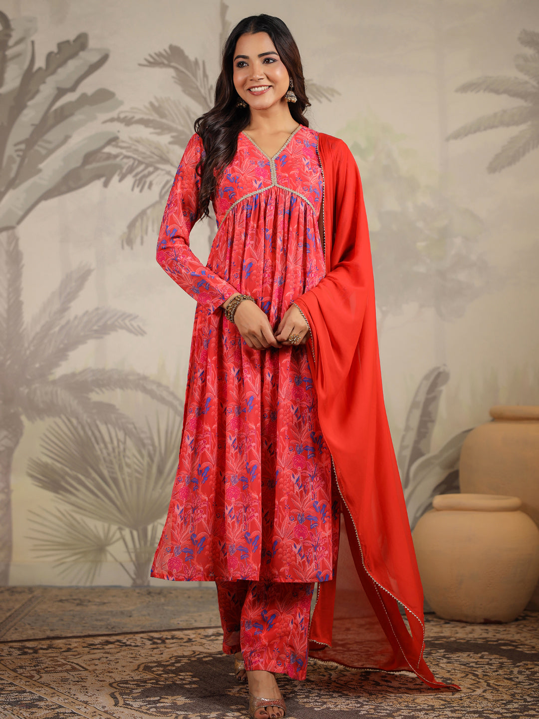 Red Georgette Floral Printed A-Line Kurta Set