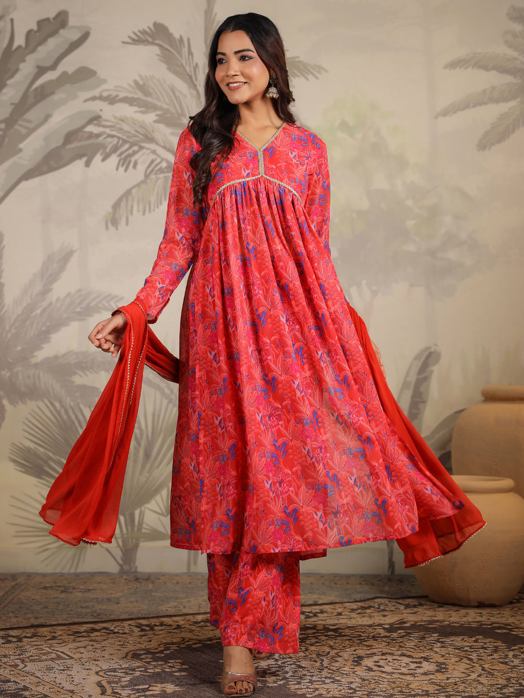 Red Georgette Floral Printed A-Line Kurta Set