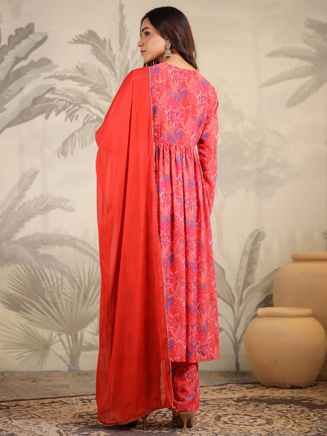 Red Georgette Floral Printed A-Line Kurta Set