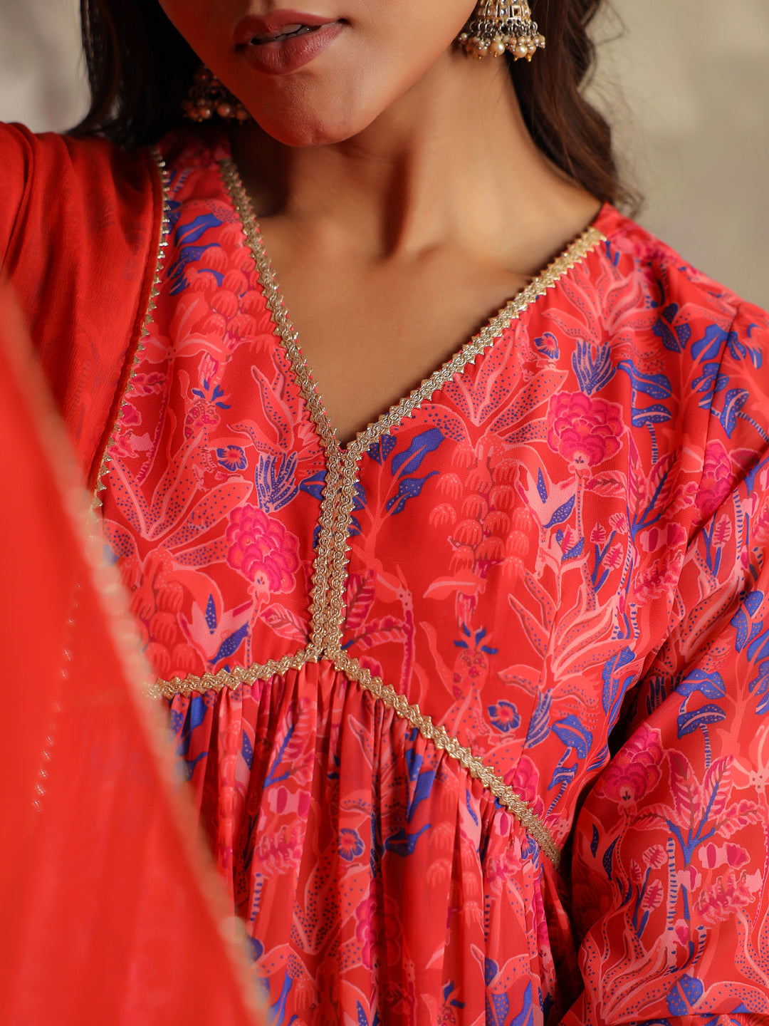 Red Georgette Floral Printed A-Line Kurta Set