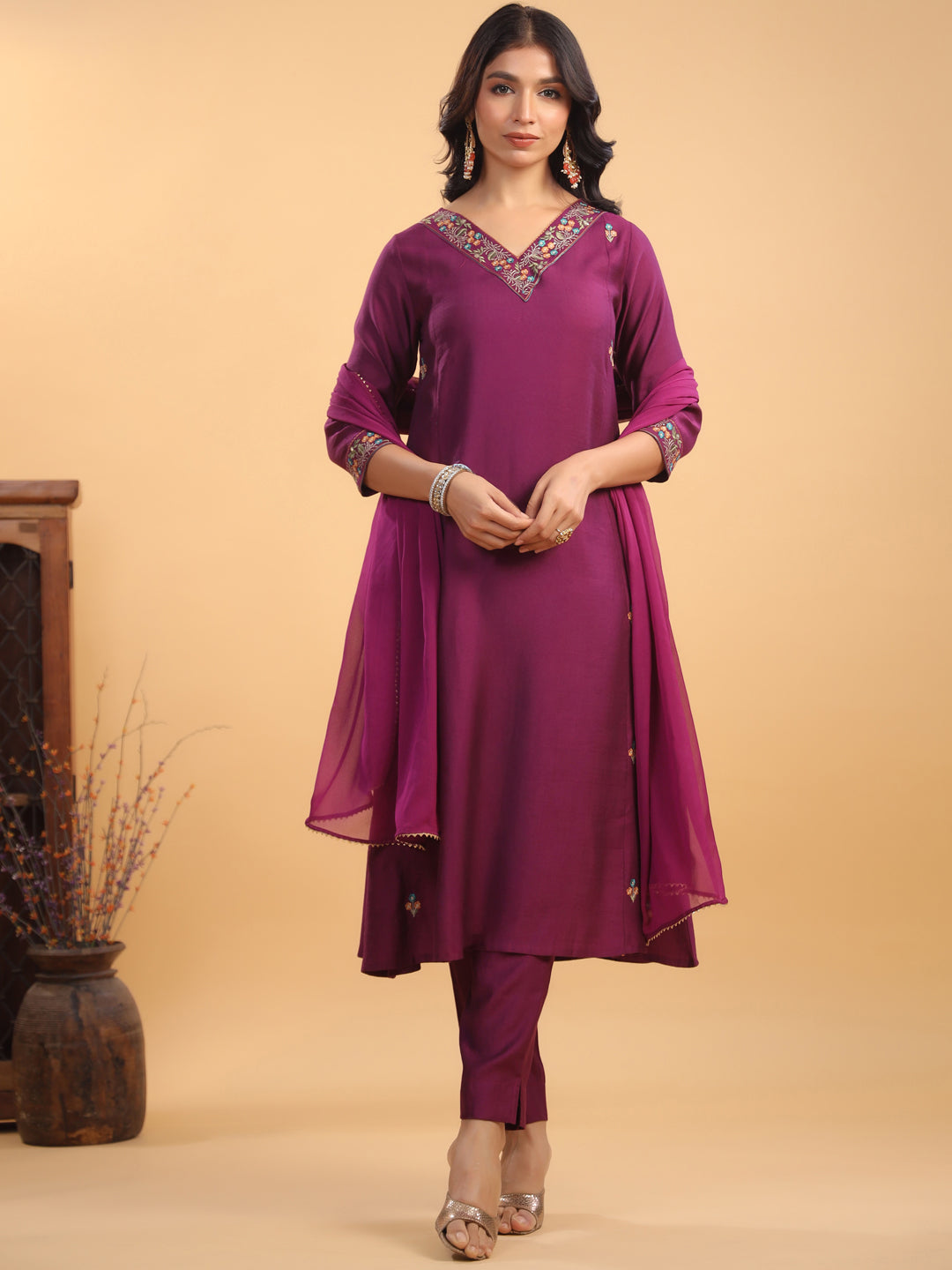 Purple Silk Blend Embroidered A-Line Kurta Set