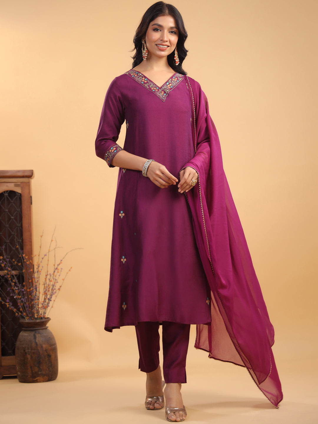 Purple Silk Blend Embroidered A-Line Kurta Set