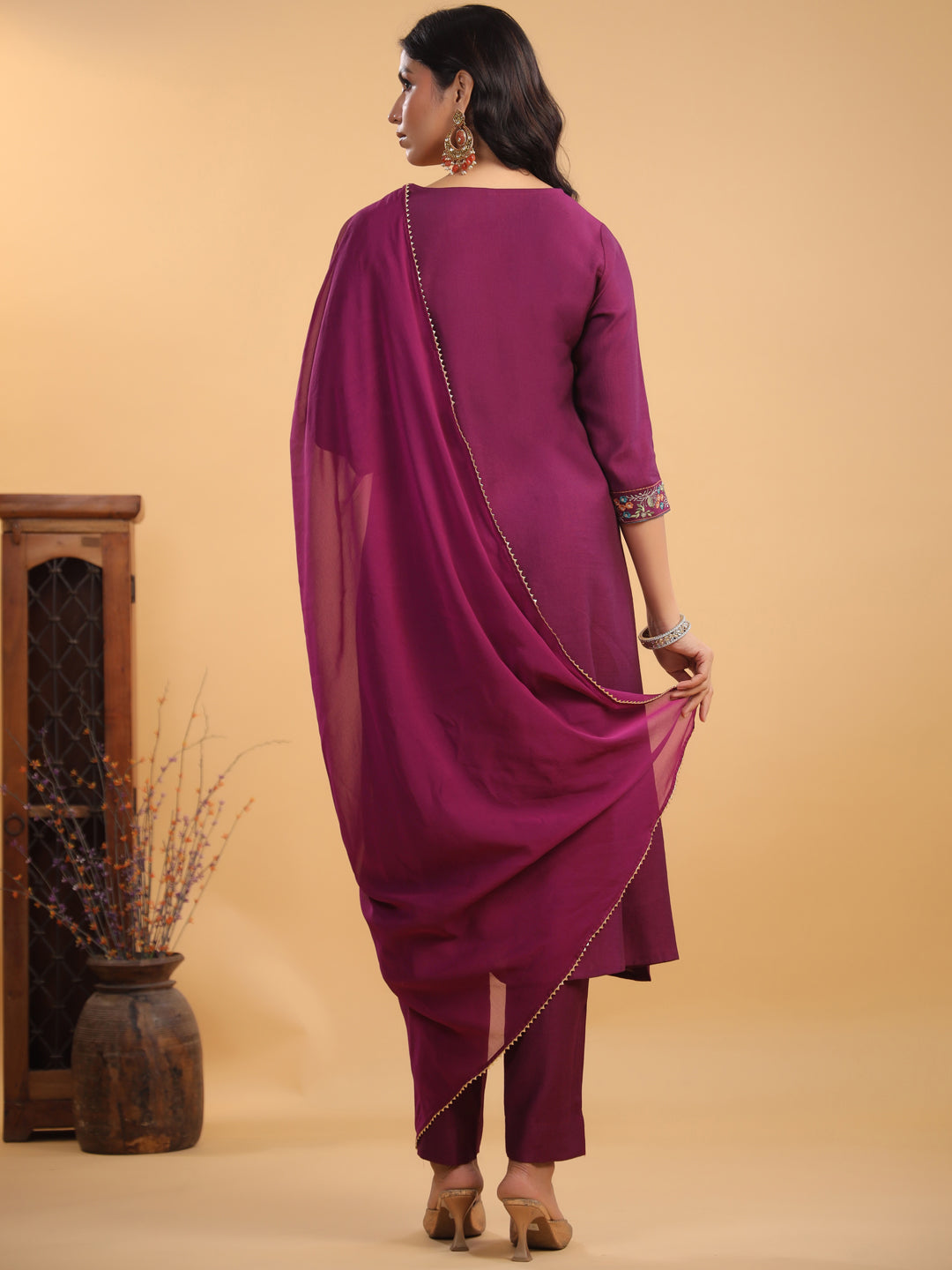 Purple Silk Blend Embroidered A-Line Kurta Set