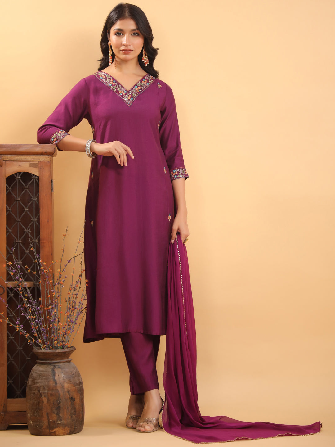 Purple Silk Blend Embroidered A-Line Kurta Set