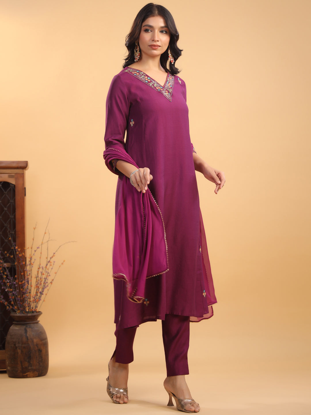 Purple Silk Blend Embroidered A-Line Kurta Set