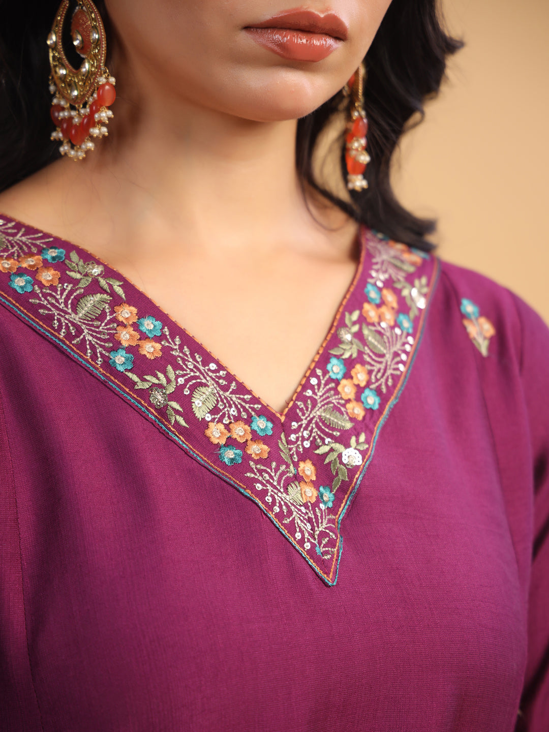 Purple Silk Blend Embroidered A-Line Kurta Set