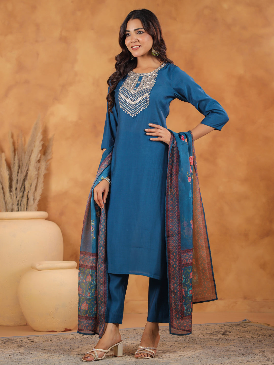 Teal Blue Silk Blend Yoke Embroidered Straight Kurta Set