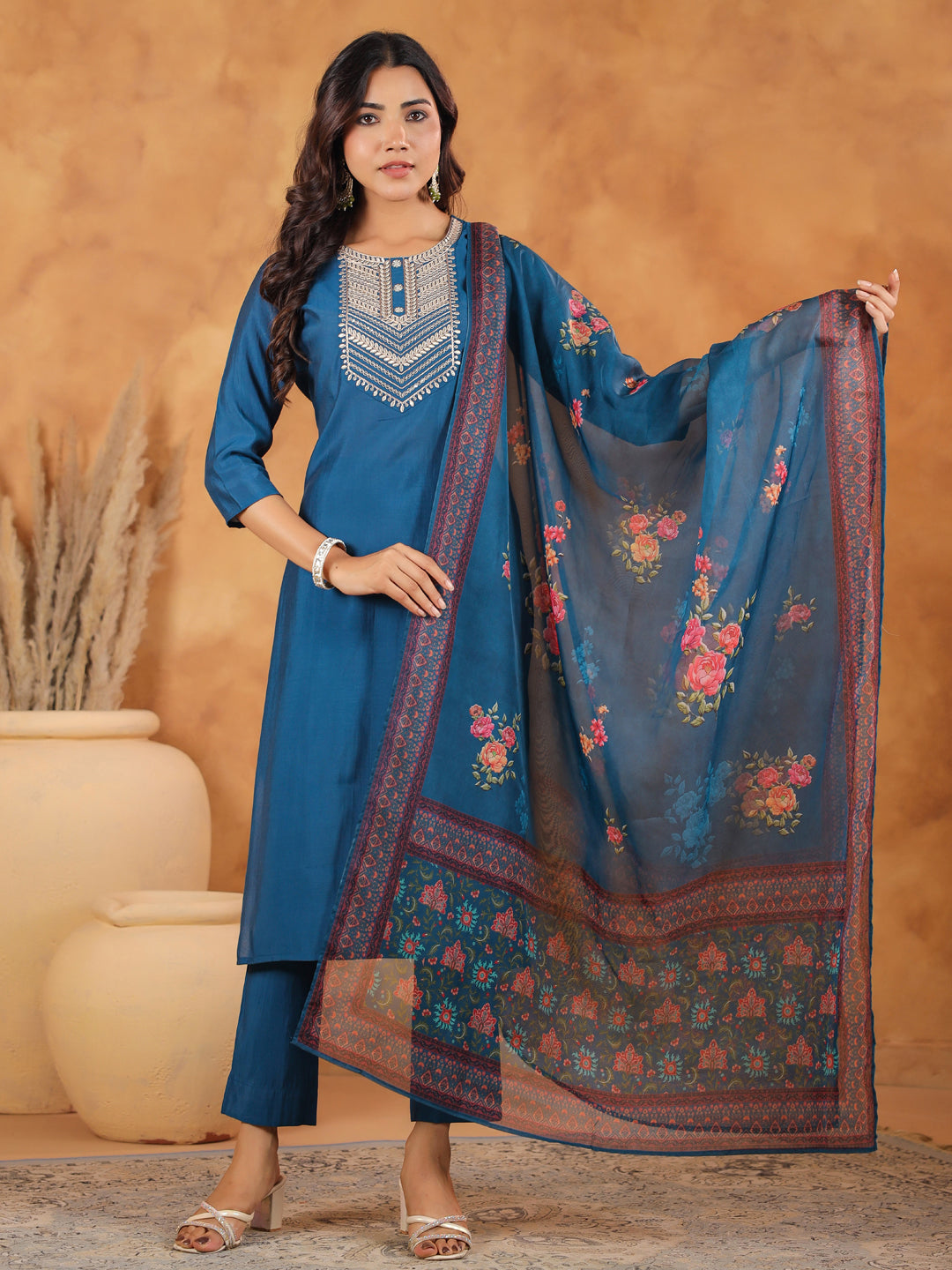 Teal Blue Silk Blend Yoke Embroidered Straight Kurta Set