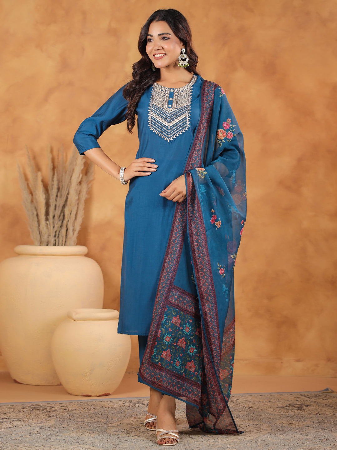 Teal Blue Silk Blend Yoke Embroidered Straight Kurta Set