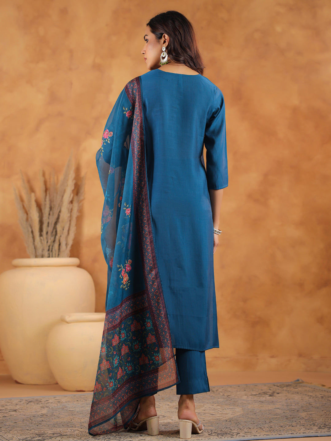 Teal Blue Silk Blend Yoke Embroidered Straight Kurta Set