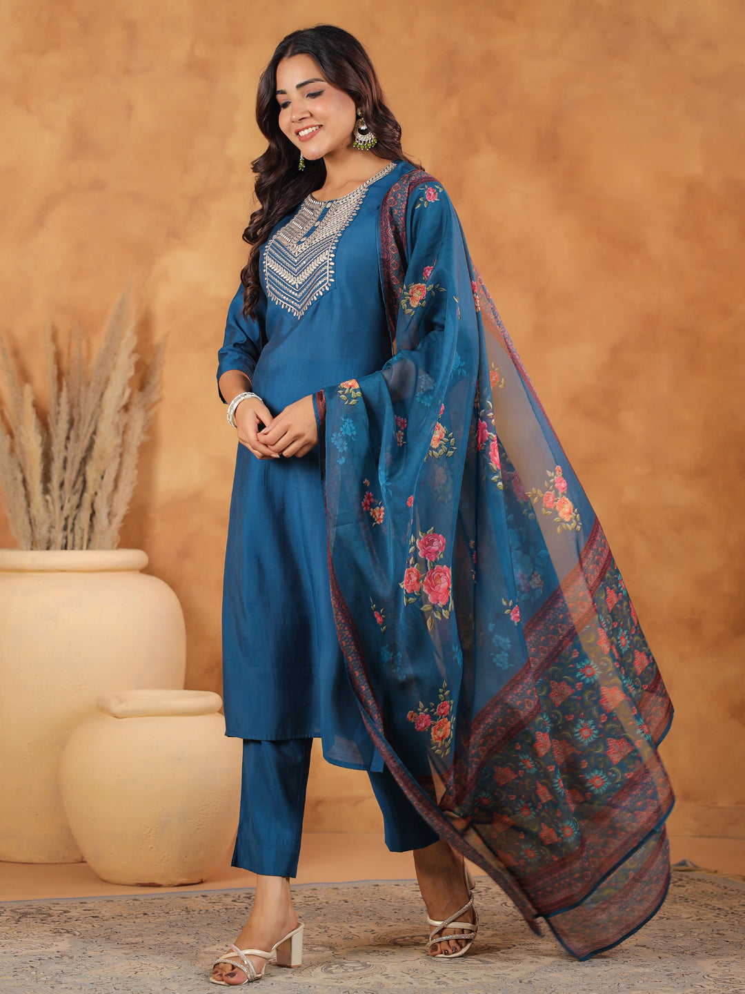 Teal Blue Silk Blend Yoke Embroidered Straight Kurta Set