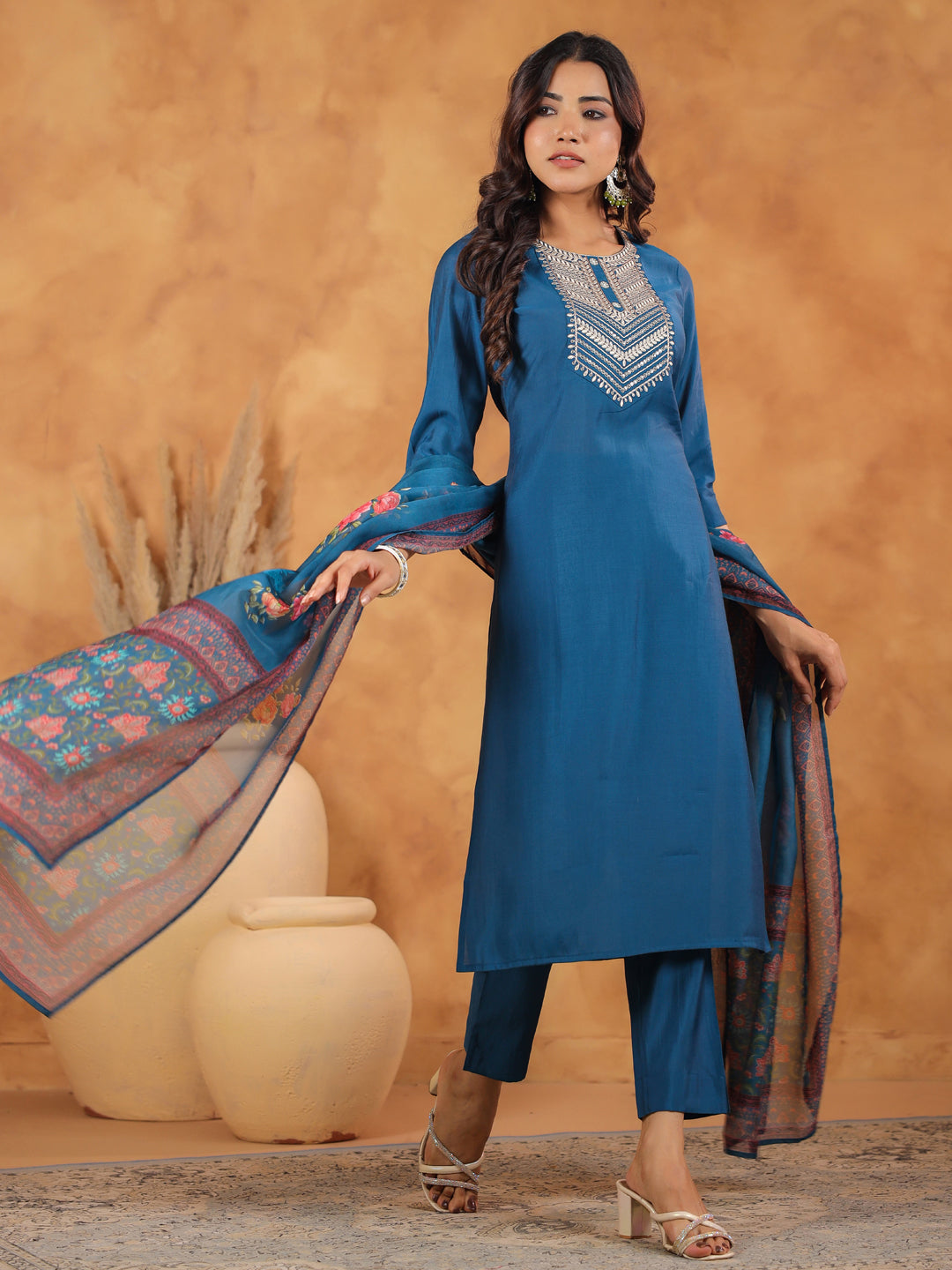 Teal Blue Silk Blend Yoke Embroidered Straight Kurta Set