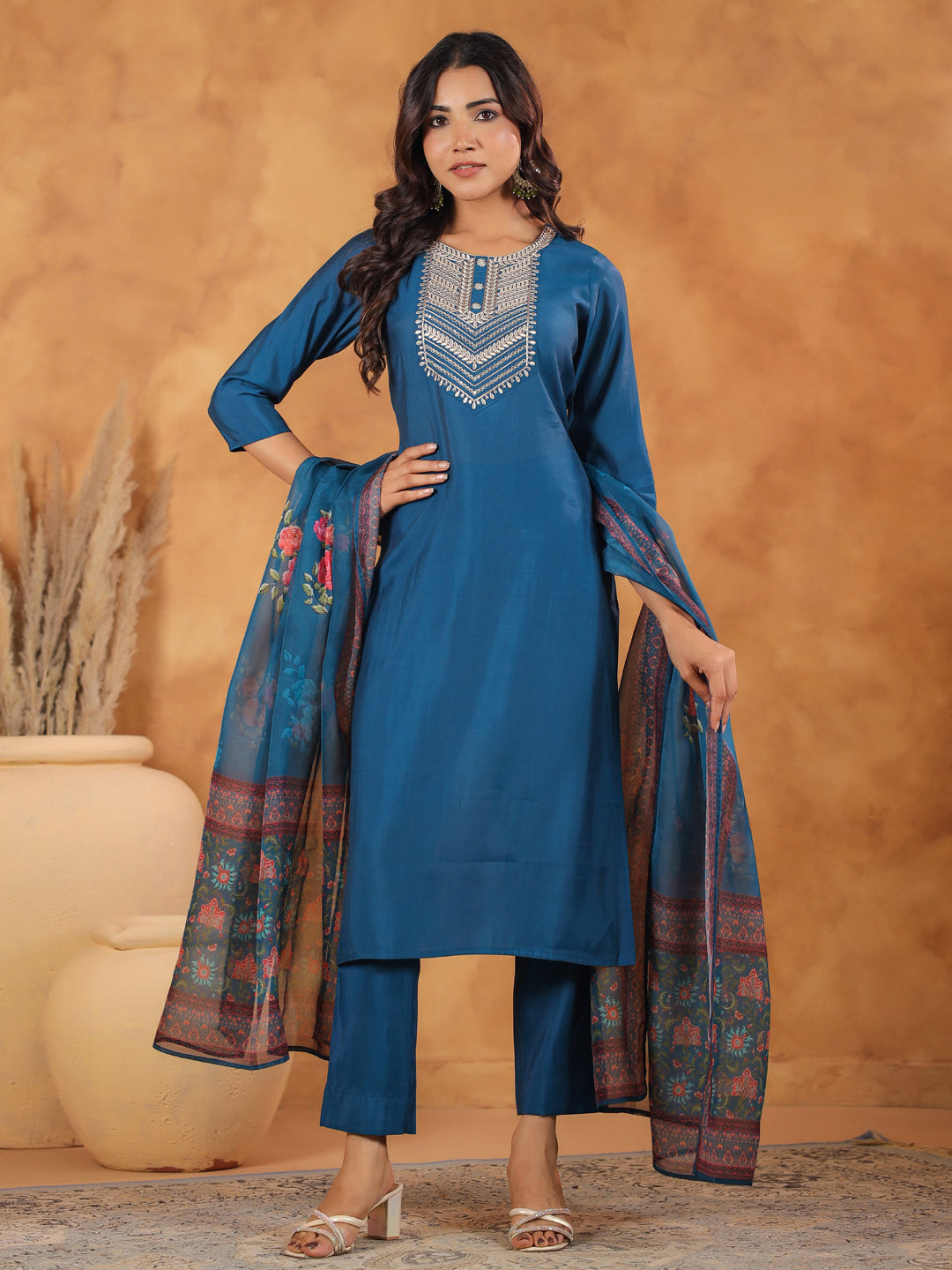 Teal Blue Silk Blend Yoke Embroidered Straight Kurta Set