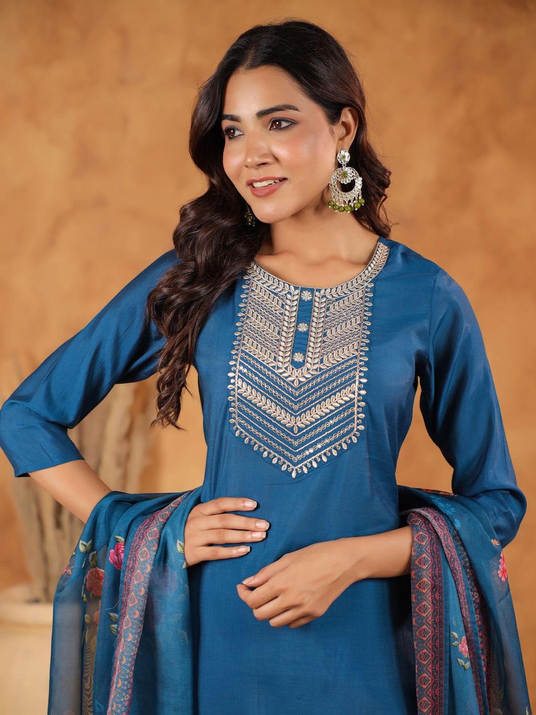 Teal Blue Silk Blend Yoke Embroidered Straight Kurta Set