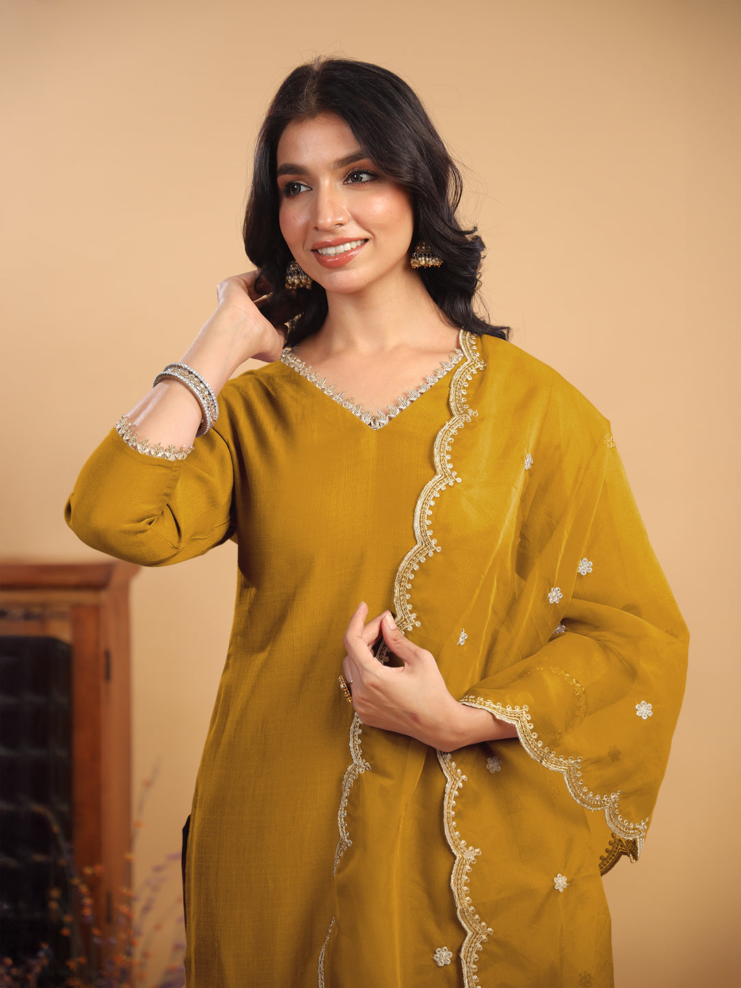 Mustard Silk Blend Embellished Straight Kurta Set