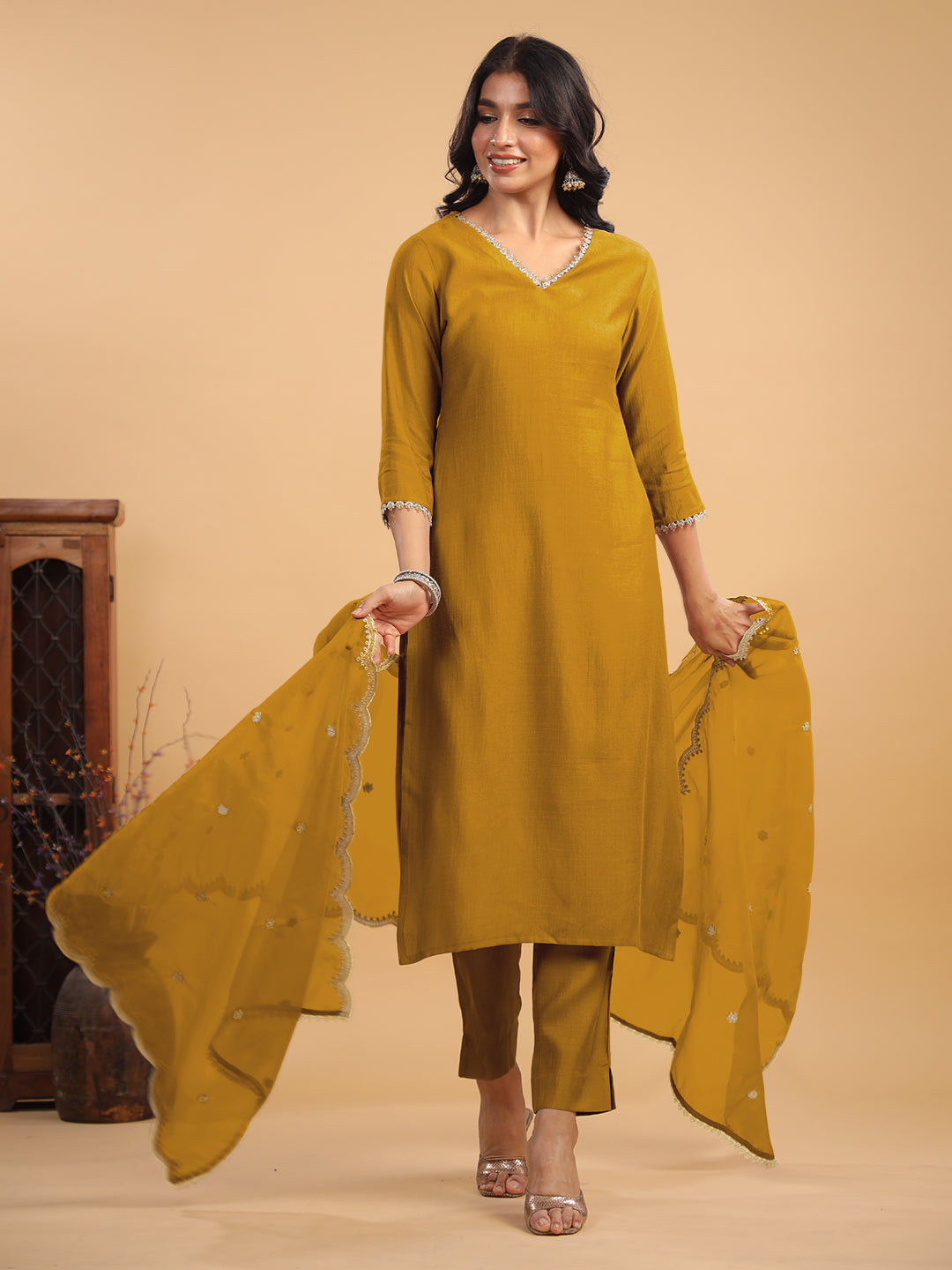 Mustard Silk Blend Embellished Straight Kurta Set