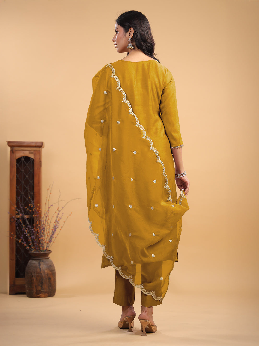 Mustard Silk Blend Embellished Straight Kurta Set