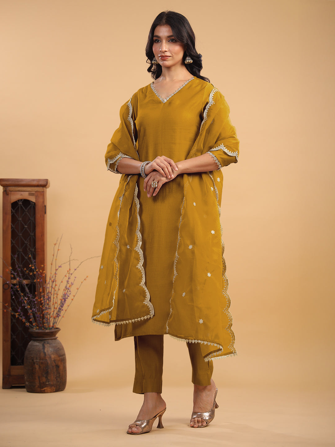 Mustard Silk Blend Embellished Straight Kurta Set