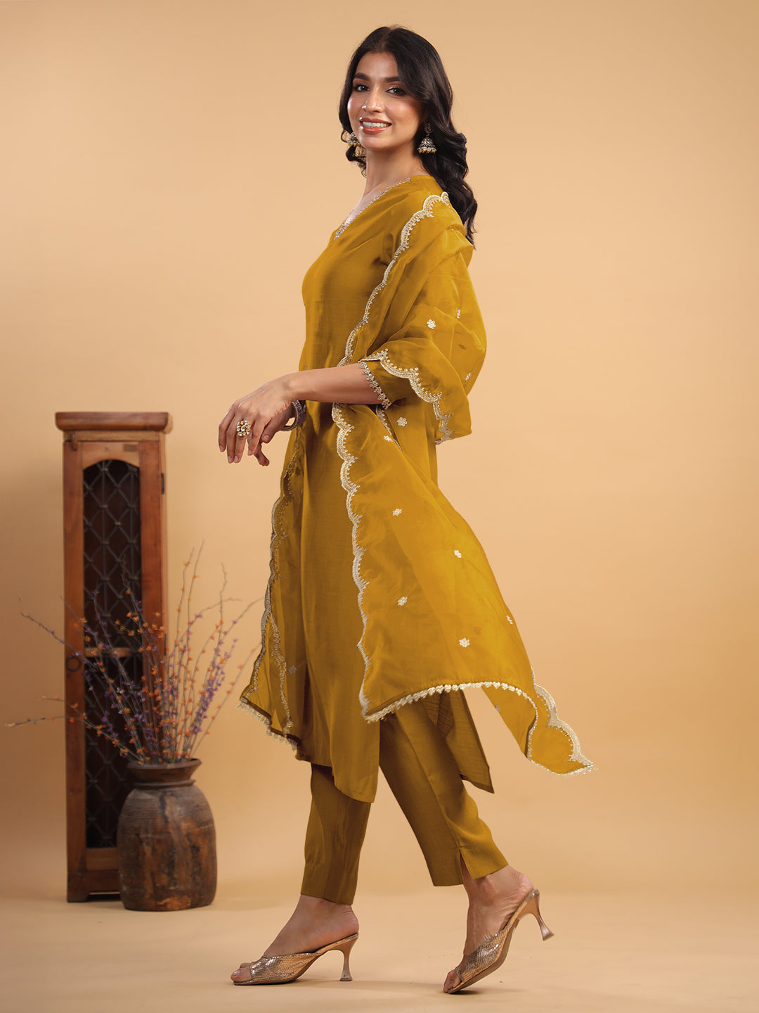 Mustard Silk Blend Embellished Straight Kurta Set