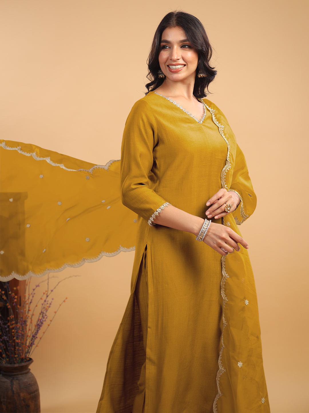 Mustard Silk Blend Embellished Straight Kurta Set