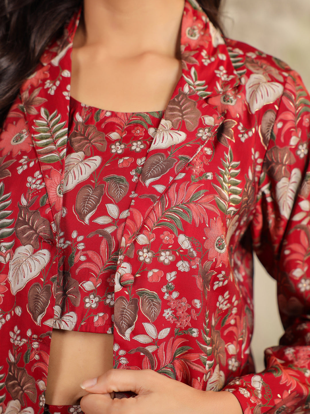 Maroon Silk Blend Floral Printed Top With Pant & Jacket Set