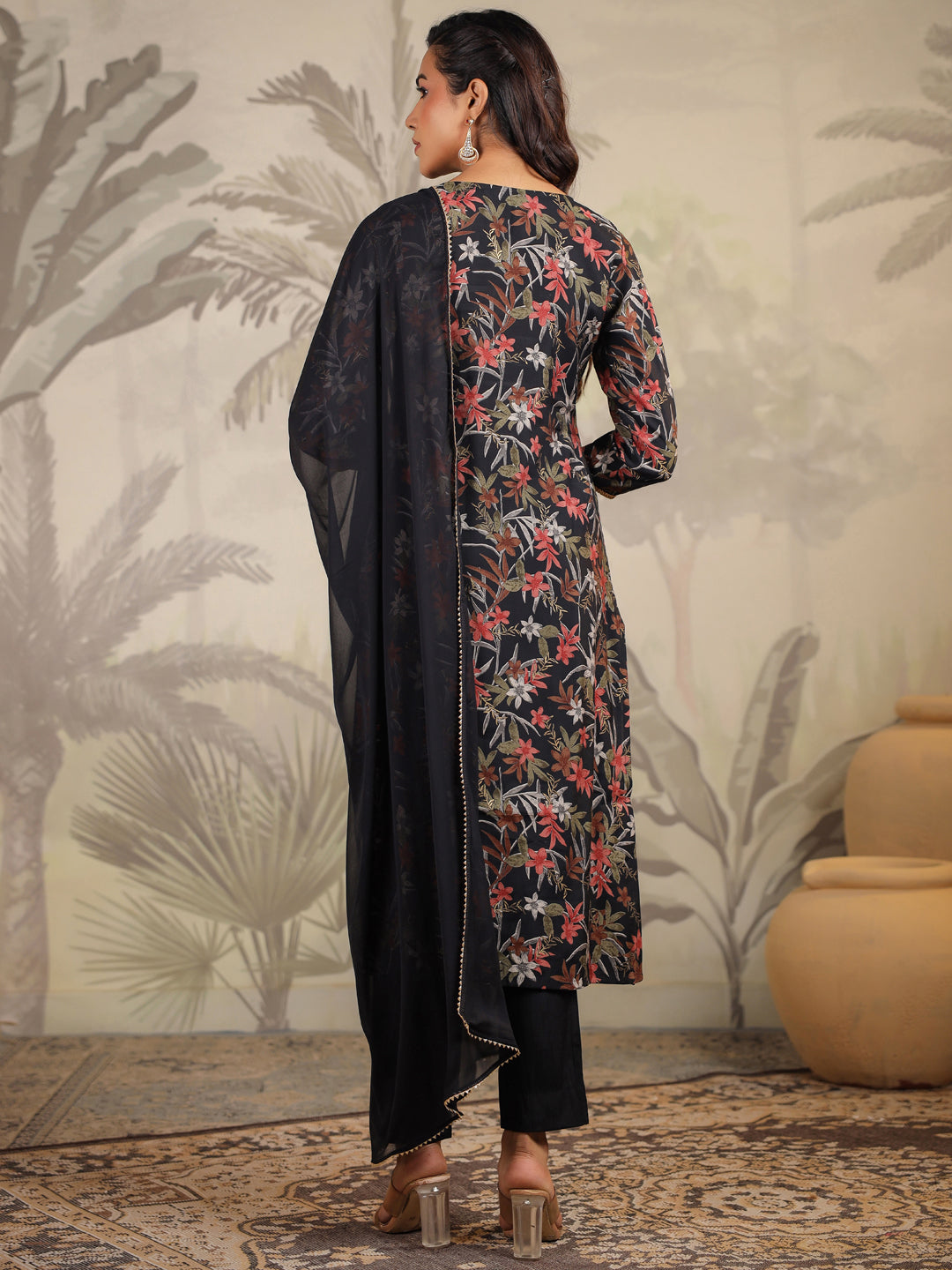 Black Chanderi Floral Printed Straight Kurta Set