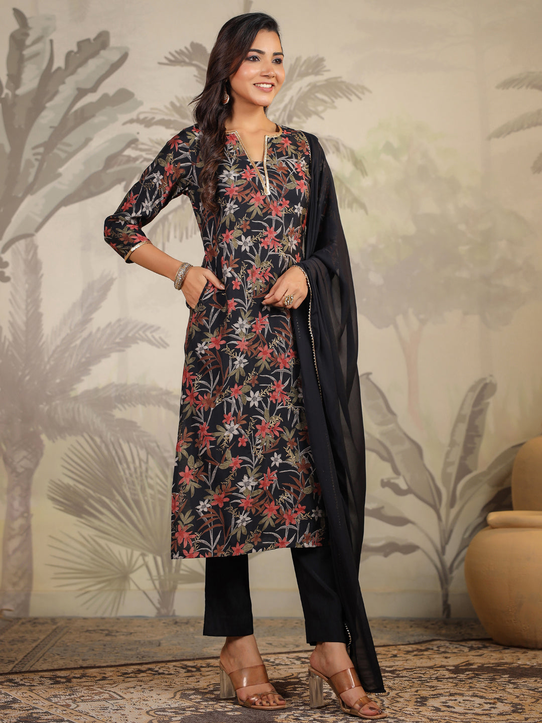 Black Chanderi Floral Printed Straight Kurta Set