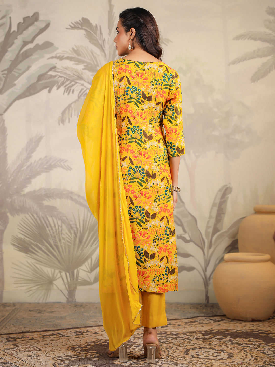 Mustard Chanderi Floral Printed Straight Kurta Set