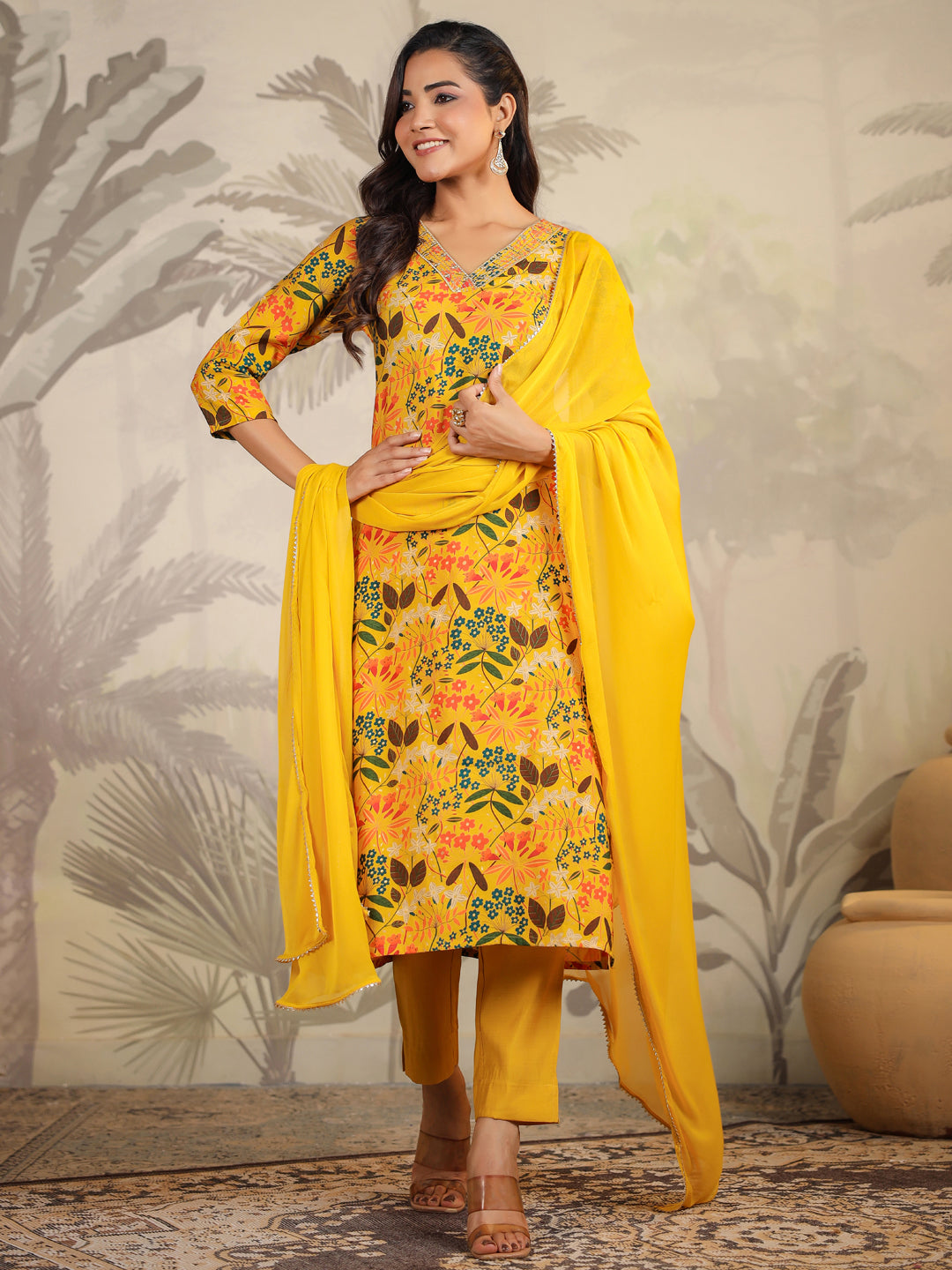 Mustard Chanderi Floral Printed Straight Kurta Set