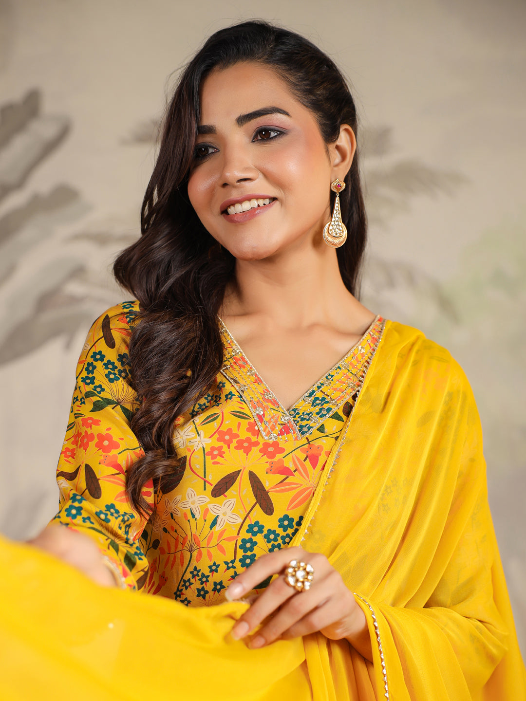 Mustard Chanderi Floral Printed Straight Kurta Set