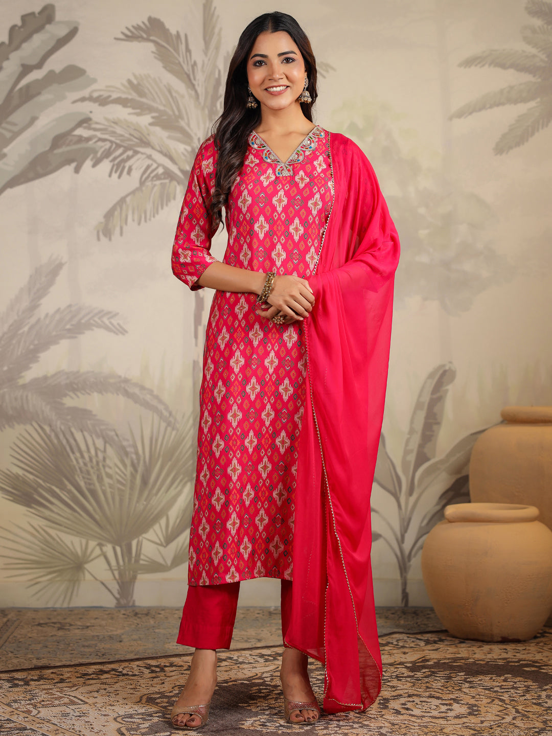 Pink Chanderi Ikkat Printed Straight Kurta Set